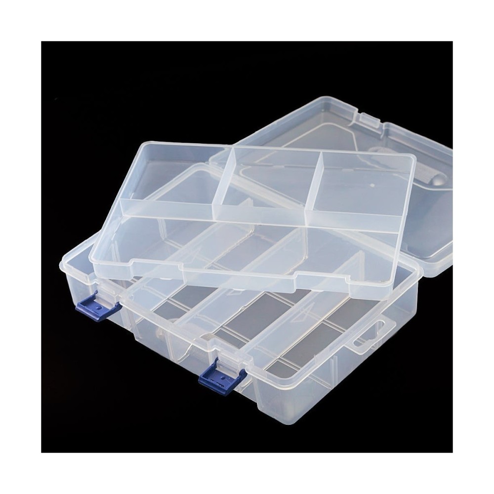 CAJA ORGANIZADORA TRANSPARENTE CON CHAROLA Y 8 COMPARTIMENTOS (158x113x57mm)