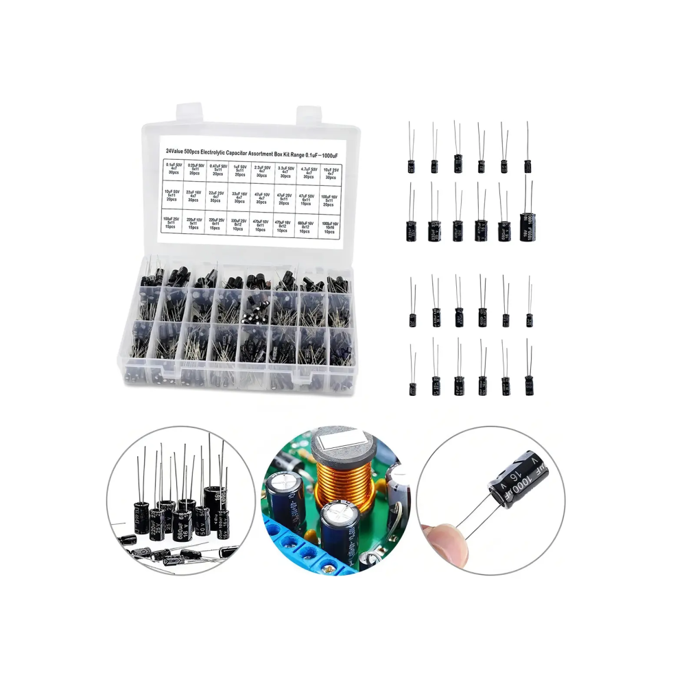 KIT DE CAPACITORES ELECTROLITICOS 510 PIEZAS / 24 VALORES